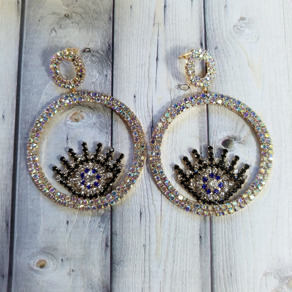 Evil Eye Large Rhinestone Earrings - Picture 3 of 7